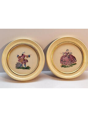 Vintage 18th-centry Style Figures Petit Point- Needlepoint Framed Pictures 6.5in